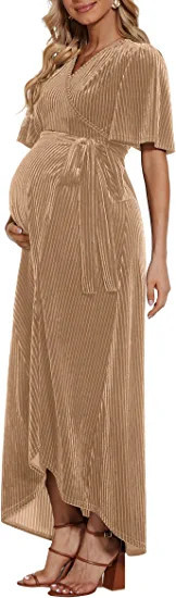 Ribbed Velvet Maternity Wrap Dress with Belt/Flowy Slit Maxi Dress Photoshoot Wedding Guest | Amazon (US)
