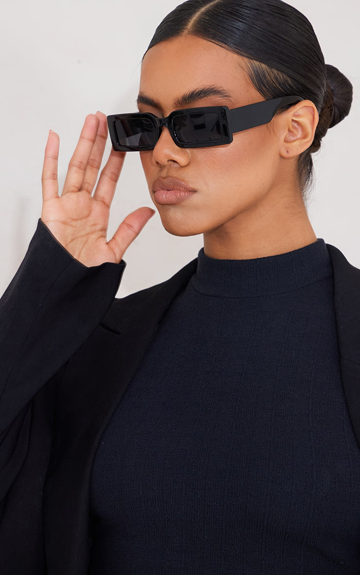 Black Slim Rectangular Frame Sunglasses | PrettyLittleThing US