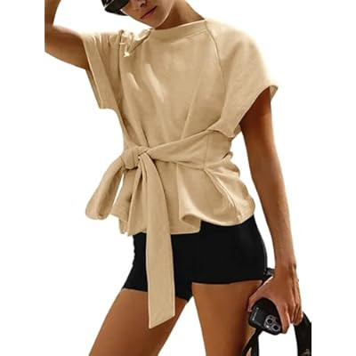 Fisoew Womens Summer Short Sleeves Tee Tops Crewneck Sweatshirt Tie Front Casual 2… | Amazon (US)
