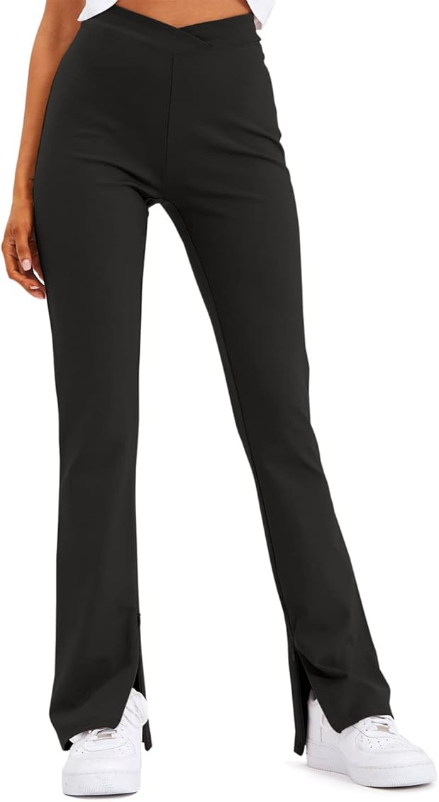 LASLULU Womens Bootleg Yoga Pants V Crossover Casual High Waisted Flare Workout Pants Leggings | Amazon (US)