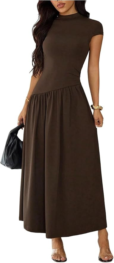 GORGLITTER Women's Cap Sleeve A Line Maxi Dress Modest Mock Neck Flowy Long Fall Dresses 2025 | Amazon (US)