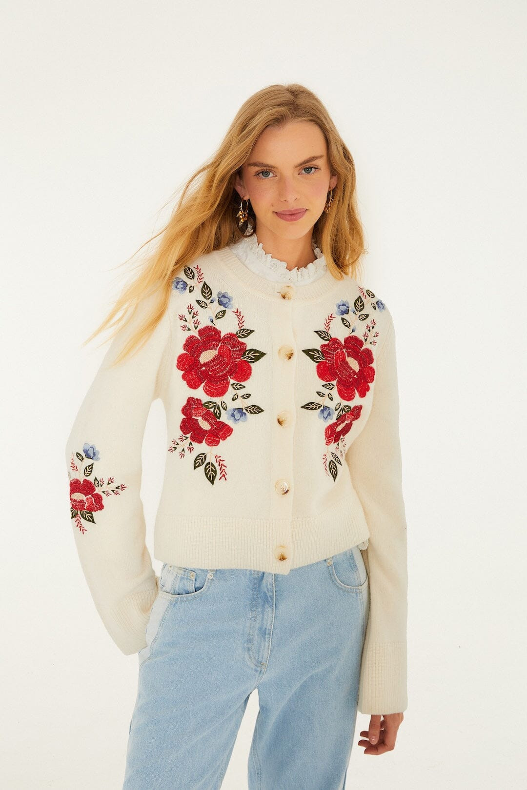 Cream Embroidered Flowers Buttoned Knit Cardigan | FARM Rio | FarmRio (US)