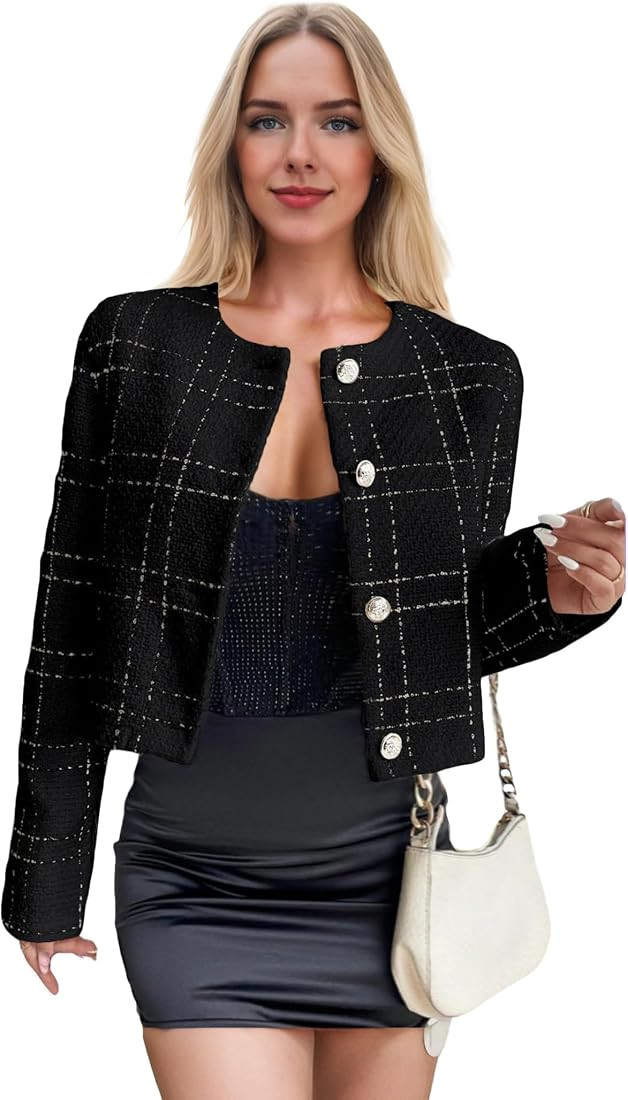Womens 2024 Fall Cropped Tweed Blazer Jacket Open Front Collarless Casual Business Work Office Pl... | Amazon (US)