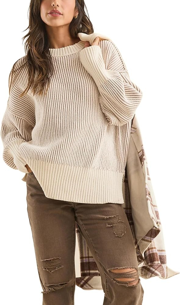 Faleave Women's Fashion Sweater Fall Casual Long Sleeve Ribbed Knit Crew Neck Pullover Sweaters B... | Amazon (US)