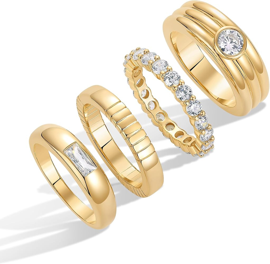 PAVOI 14K Gold Plated Stackable Rings for Women - Dainty Stackable Gold Ring Set of Four with Cub... | Amazon (US)