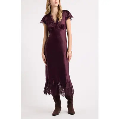 Treasure & Bond Lace Trim Satin Midi Dress in Navy Night at Nordstrom, Size X-Small | Nordstrom