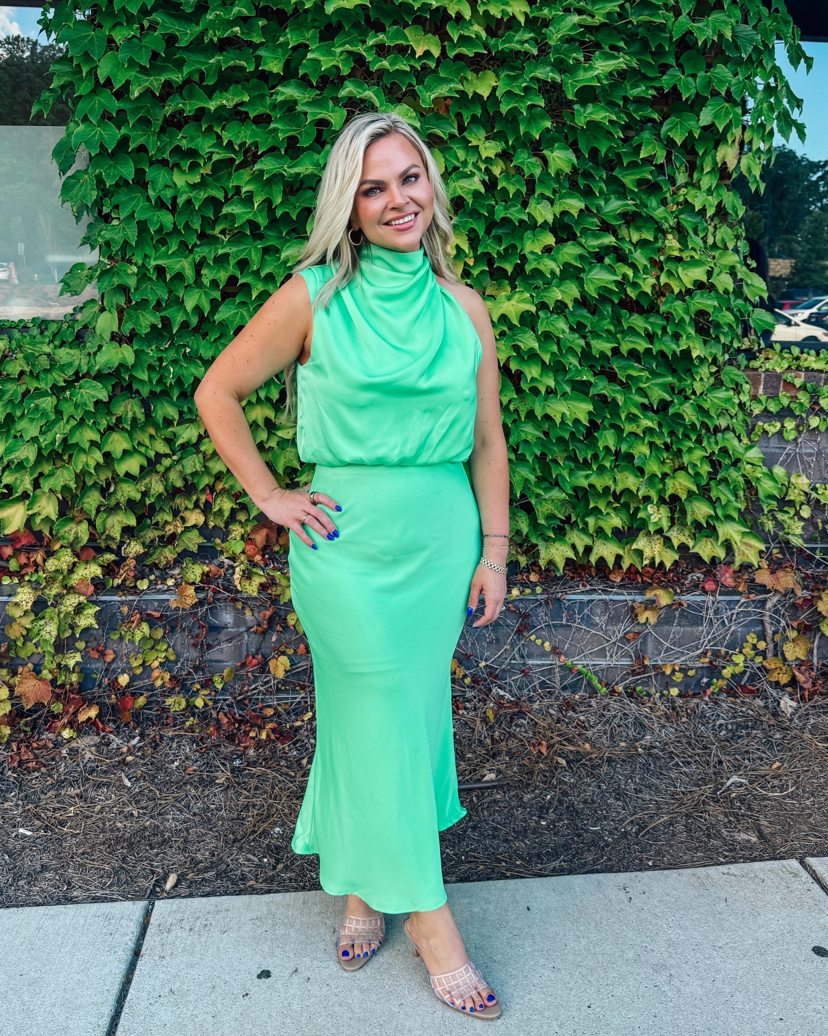 amazon fashion - green dress - clear heels - formal