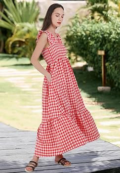 chouyatou Women's Retro Plaid Smocked Dress Spaghetti Strap Flounce Long Dress | Amazon (US)