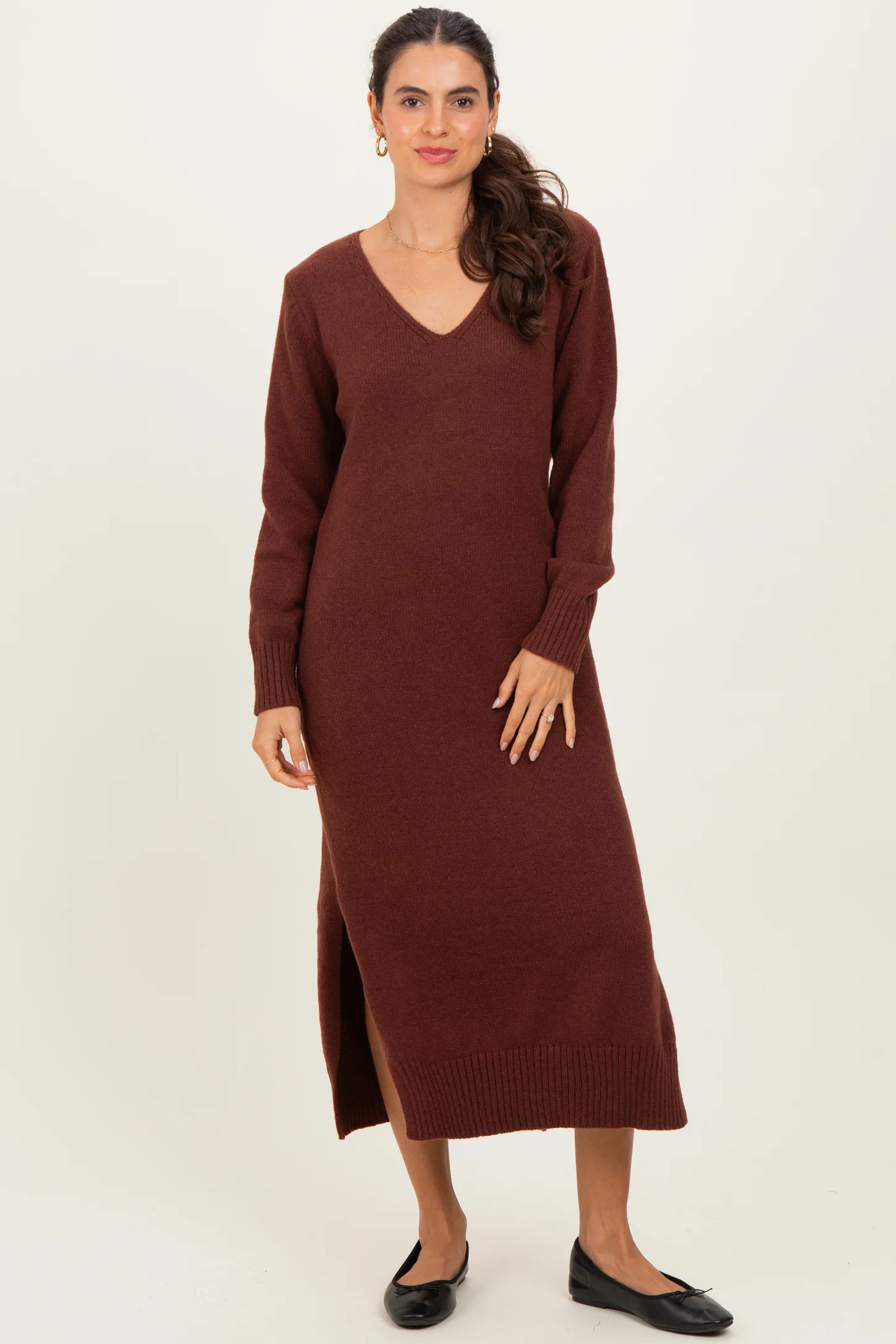 Brown V-Neck Relaxed Fit Sweater Dress | PinkBlush Maternity