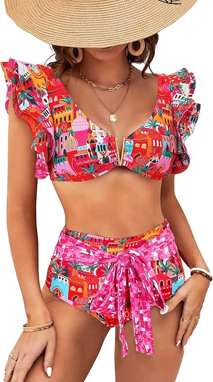 SPORLIKE Women High Waisted Swimsuit Ruffle Padded Bikini Set | Amazon (US)