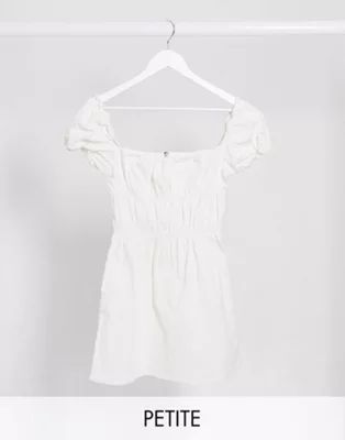 Missguided Petite ruched milkmaid denim dress in white | ASOS (Global)