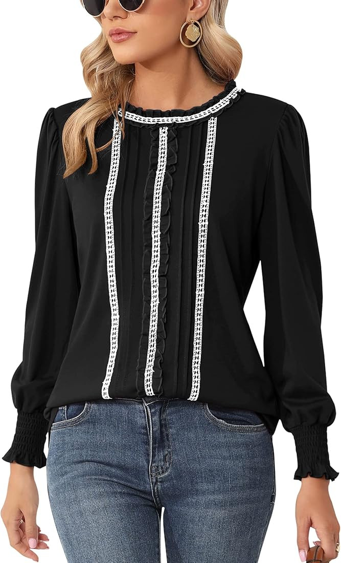 LOMON Women's Long Puff Sleeve Frill Mock Neck Tops Elegant Ruffle Trim Fall Blouses | Amazon (US)