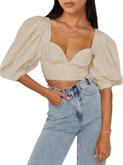 SOFIA'S CHOICE Women's Sweetheart Neck Crop Top Puff Short Sleeve Slim Fit Sexy Shirt | Amazon (US)