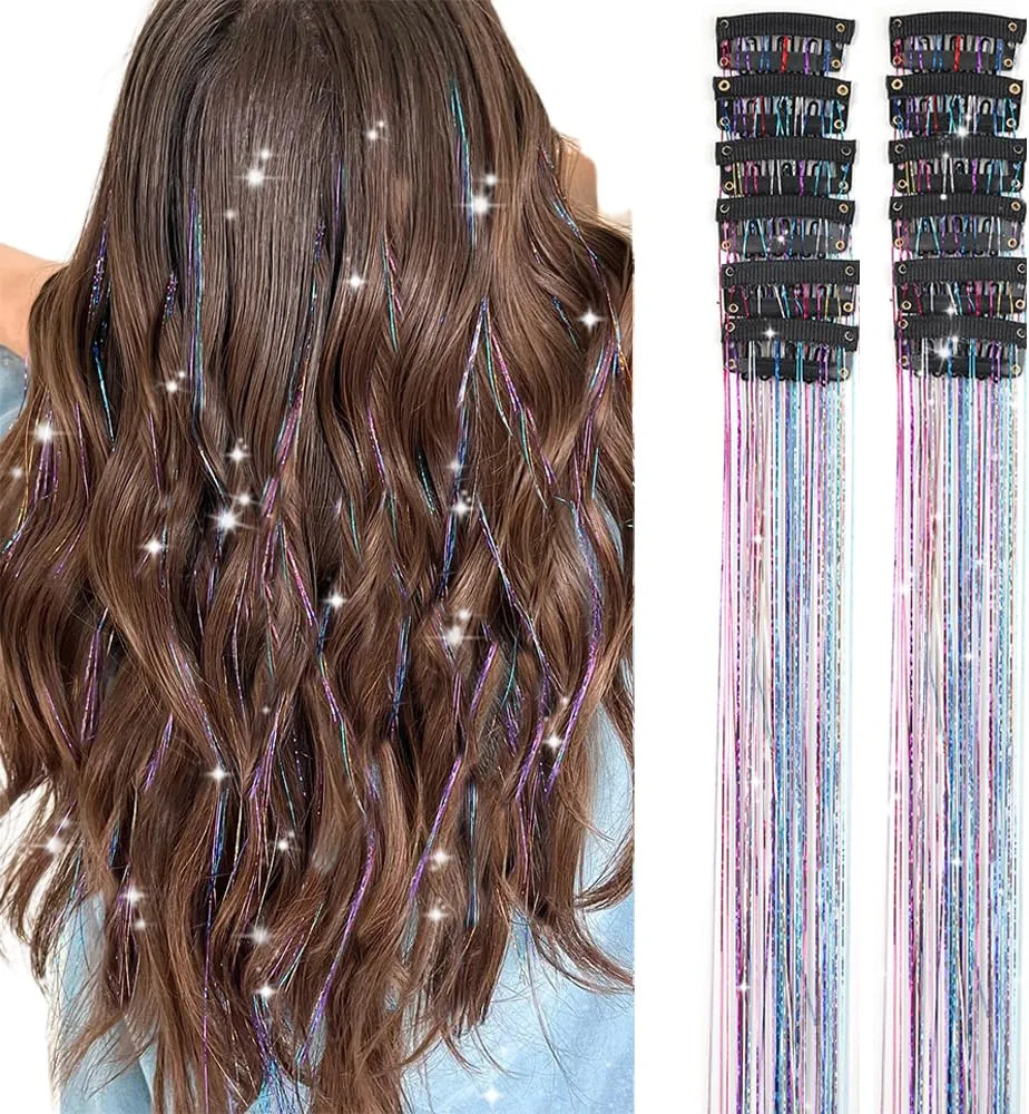 Hair Tinsel Pack of 12 Pcs Colorful Glitter Hair Accessories 20 Inch Clip in Hair Tinsel Extensio... | Amazon (US)