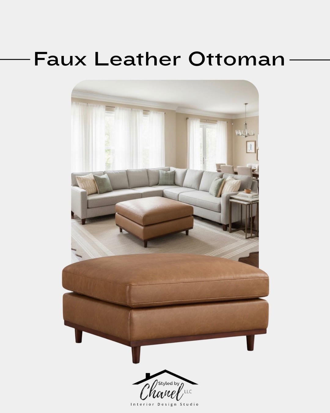 Faux Leather Ottoman 

Wrapped in supple faux leather, this oversized ottoman turns your living room into a personal sanctuary — soft, elegant, and effortlessly functional.Its generous 35"W design serves as a cozy footrest, extra seat, or coffee table. Beneath the inviting leather surface lies an overstuffed feather-blend cushion with 2.0 high-density foam, creating that perfect “sink-in” feel while maintaining shape and support (medium firmness 3/5). The solid kiln-dried wood base adds strength and a touch of mid-century charm, while the elevated leg design keeps your home clean and open.
Features
Spacious & Versatile:Generously sized at 35"W x 35"D x 19.7"H,this ottoman functions beautifully as a footrest or, when topped with a tray, a stylish coffee table.

#LTKHome