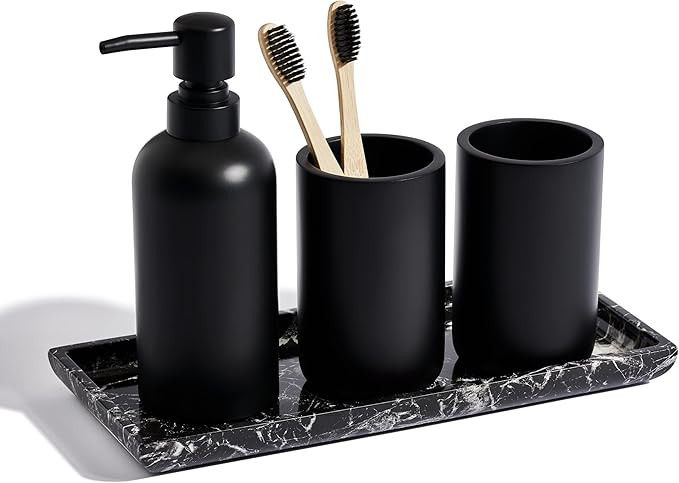 Amazon.com: Premium 4 Pcs Matte Black Bathroom Accessories Set Complete with Black Marble Tray. B... | Amazon (US)