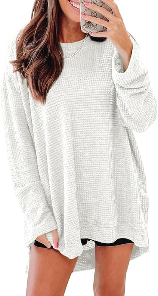SHEWIN Womens Summer Long Sleeve Tops Crewneck Summer Shirts for Women Solid Color Waffle Knit Tu... | Amazon (US)