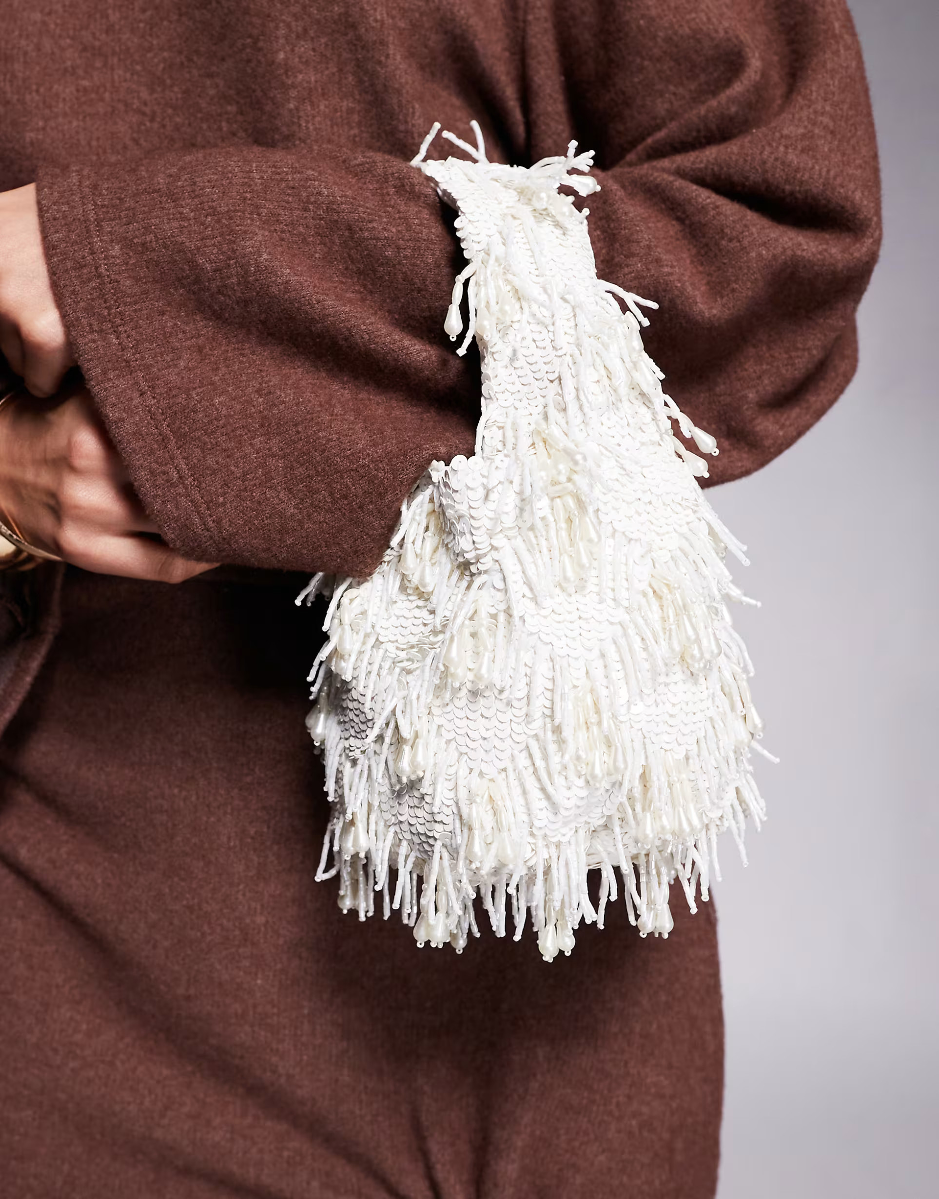 River Island sequin tassled grab bag in white | ASOS (Global)