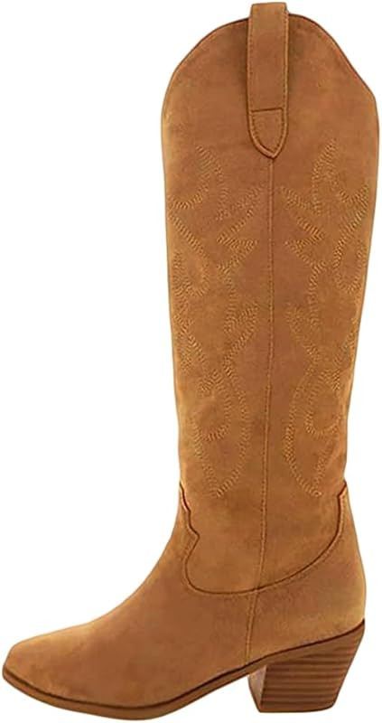 Erocalli Cowboy Boots for Women Embroidered Pull-On Chunky Stacked Heel Cowgirl Knee High Western Bo | Amazon (US)