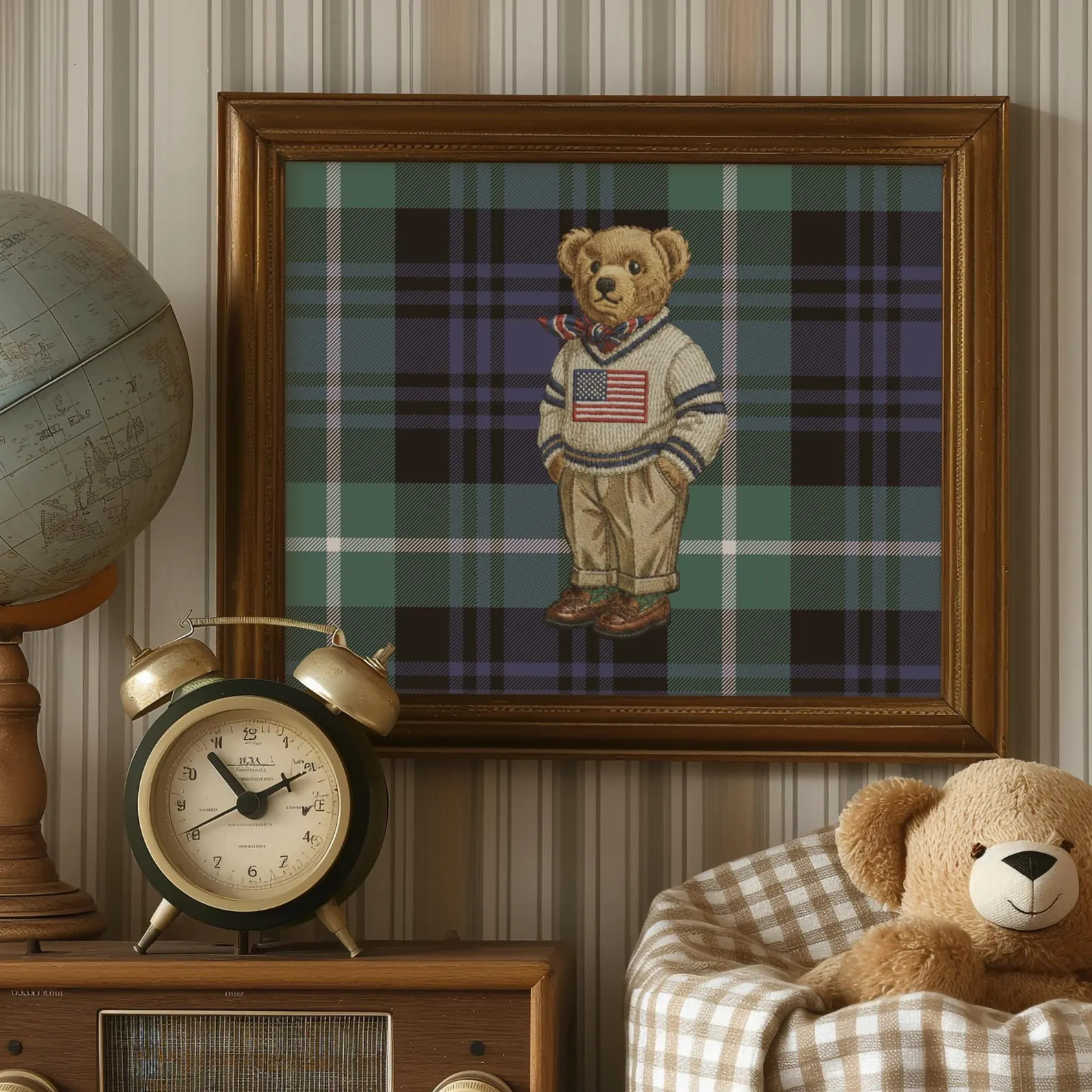Polo Bear Boy Nursery Art Digital Download Printable Wall Design Teddy Bear Print Plaid Design De... | Etsy (US)