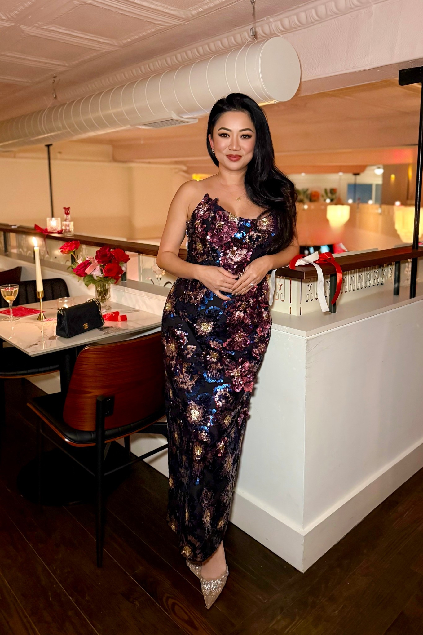 Helsi Rachel Strapless 3D Floral Midi Dress // Featuring a strapless cat-eye neckline, column midi silhouette, allover sequin embellishment in a navy black floral. Wearing a size medium, runs small. Usually I’m a small in Helsi. #ltkparty

#LTKgrwm #LTKOver40 #LTKHoliday