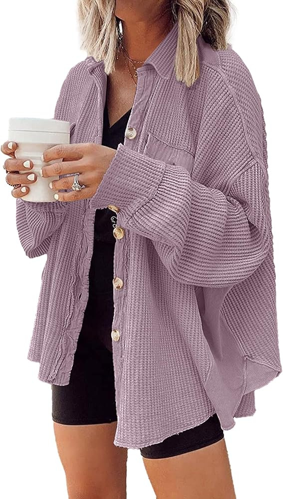 Nirovien Womens Waffle Knit Shacket Oversized Button Down Shirt Jacket Lightweight Long Sleeve To... | Amazon (US)