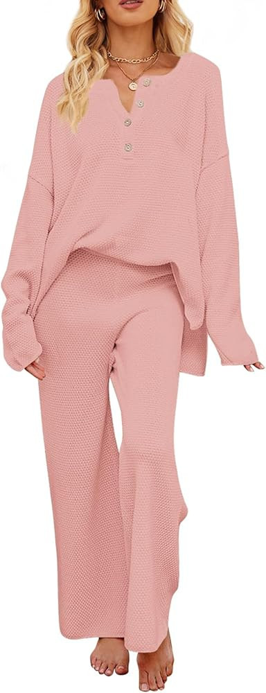 MEROKEETY Women's 2 Piece Outfit Sets Long Sleeve Button Knit Pullover Sweater and Pants Lounge S... | Amazon (US)