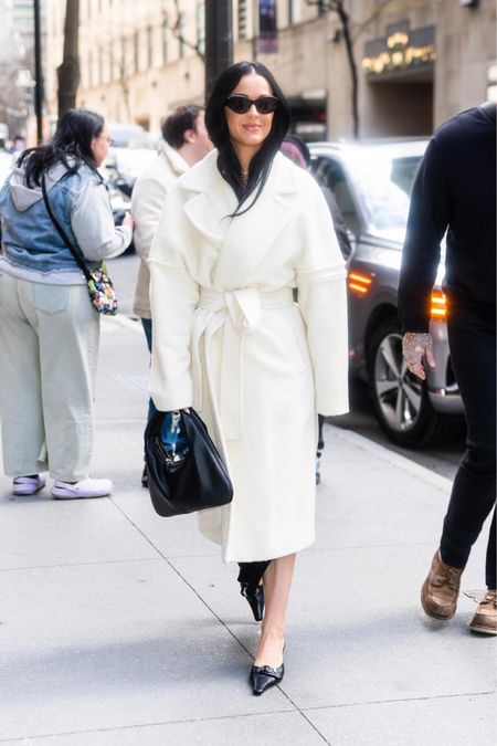 Katy Perry By Far white robe belted coat, buckled leather pumps, the row everyday leather shoulder bag • Celebrity style

#LTKstyletip #LTKFind #LTKworkwear