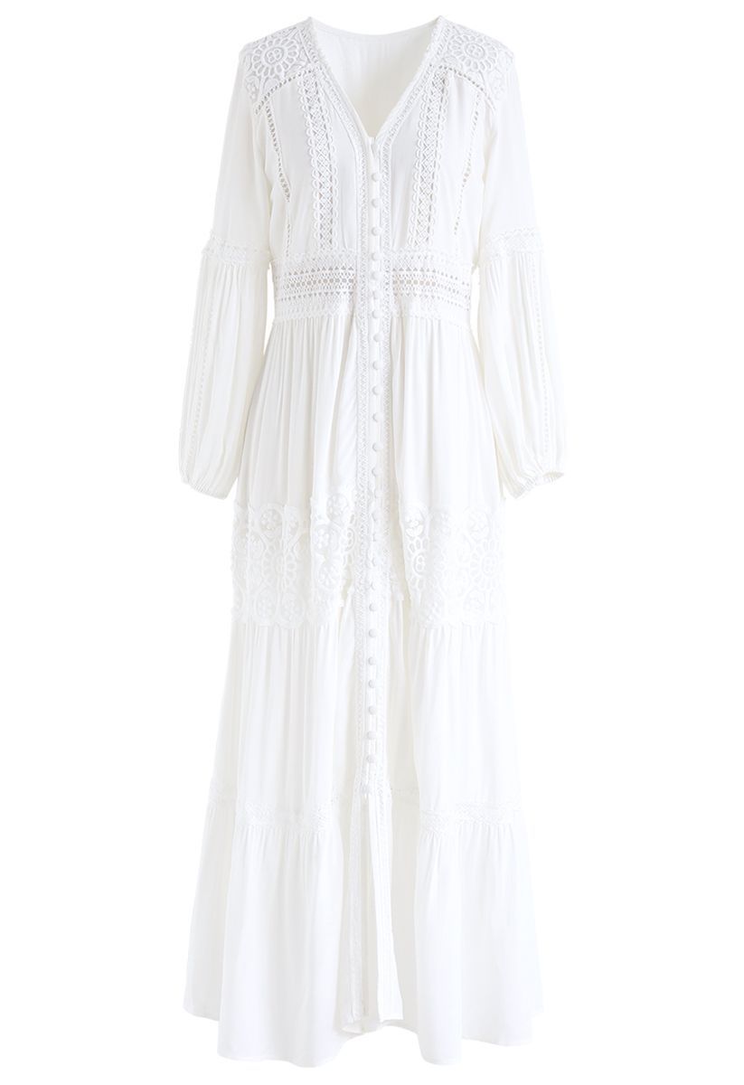 Button Down Crochet Embroidered Boho Maxi Dress in White | Chicwish