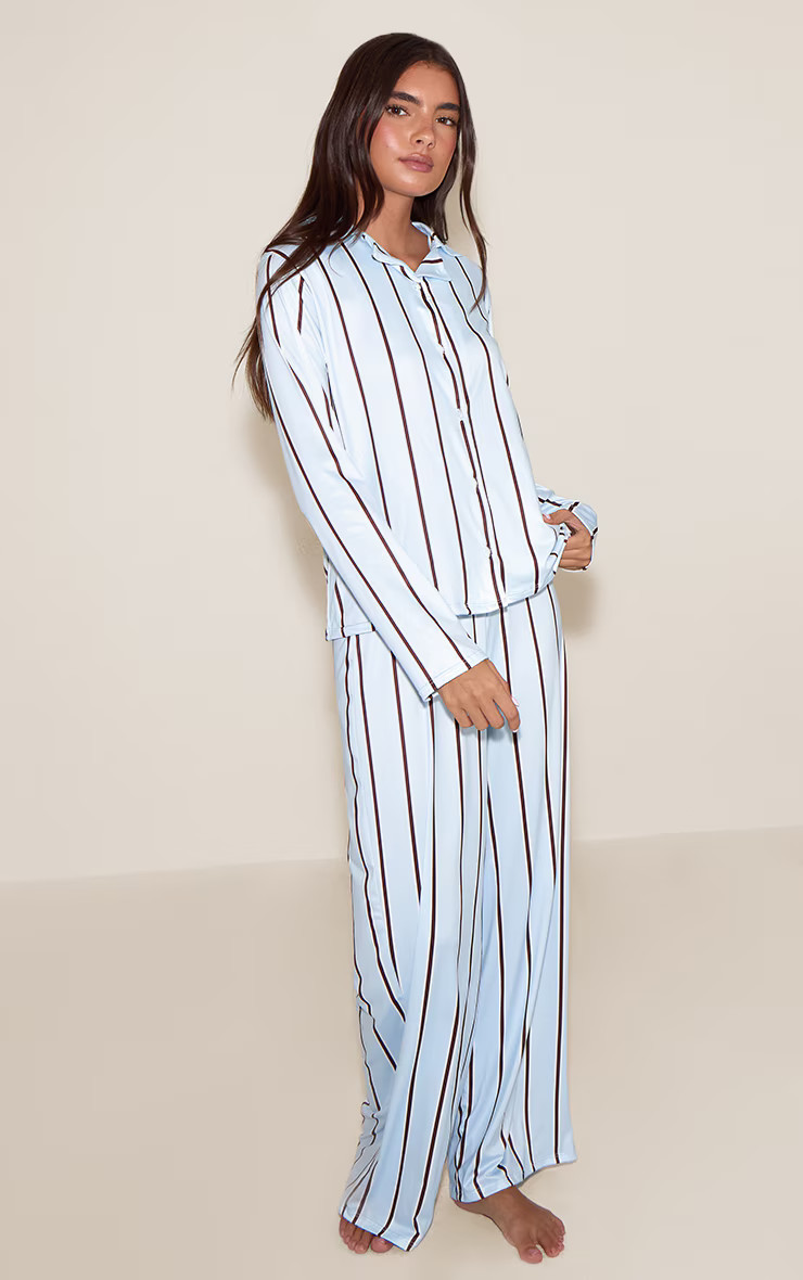 Blue & Brown Striped Long Sleeve Button Through PJ Set | PrettyLittleThing UK