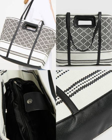 Tote handbag. Black and white, aztec print. Carry handle. Faux leather trim. Holiday bag. Under £20, Affordable fashion. Wardrobe staple, casual. Gift guide idea for her. Luxury, chic look, feminine fashion, trendy look, timeless fashion.

#LTKspring #LTKsale #LTKworkwear