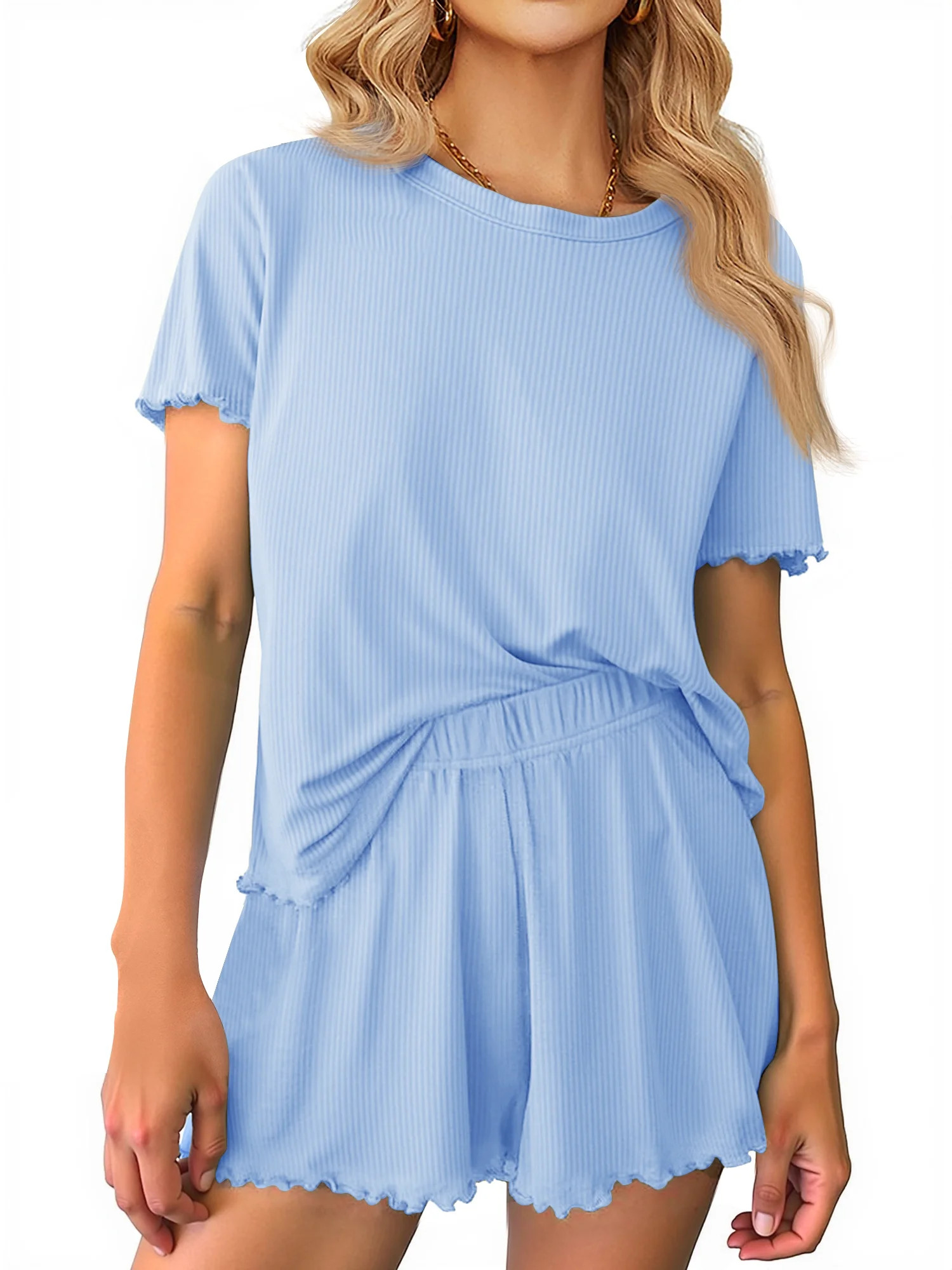 MOSHU Womens Pajamas Sets Ribbed Knits Tops and Elasticated Waist Shorts with Pocket Ruffle Edge ... | Walmart (US)