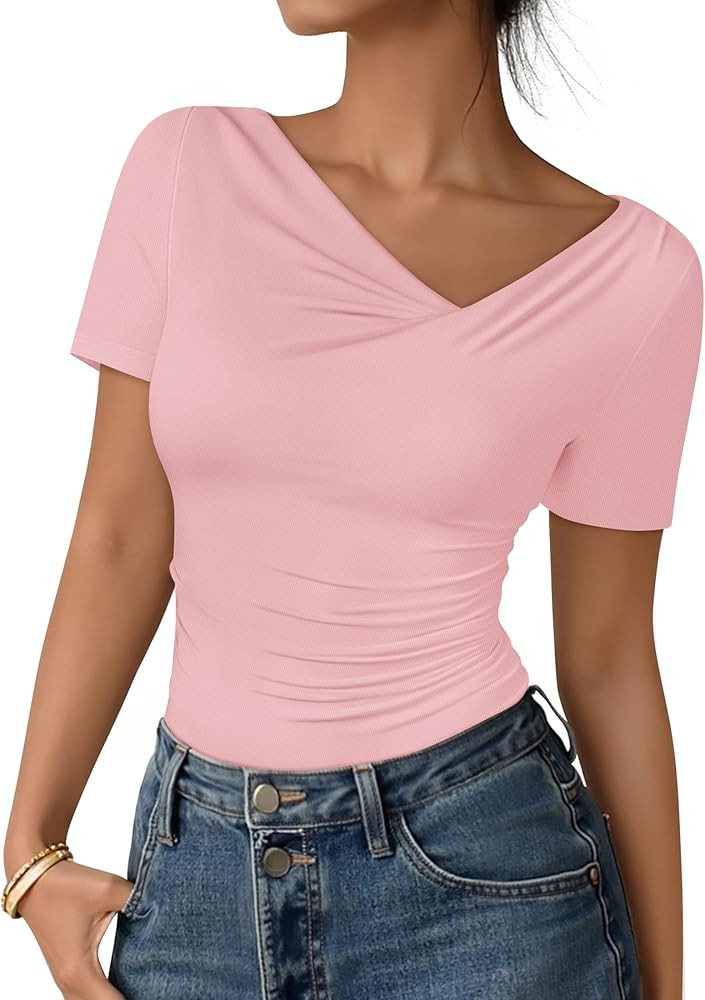 ZESICA Women's Short Sleeve Asymmetrical Neck T Shirts 2026 Summer Trendy Ruched Fitted Y2K Going... | Amazon (US)
