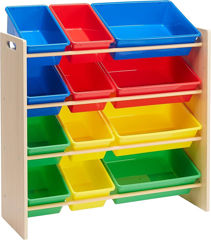 Amazon Basics Kids Toy Storage Organizer With 12 Plastic Bins, Natural Wood With Bright Bins, 10.... | Amazon (US)