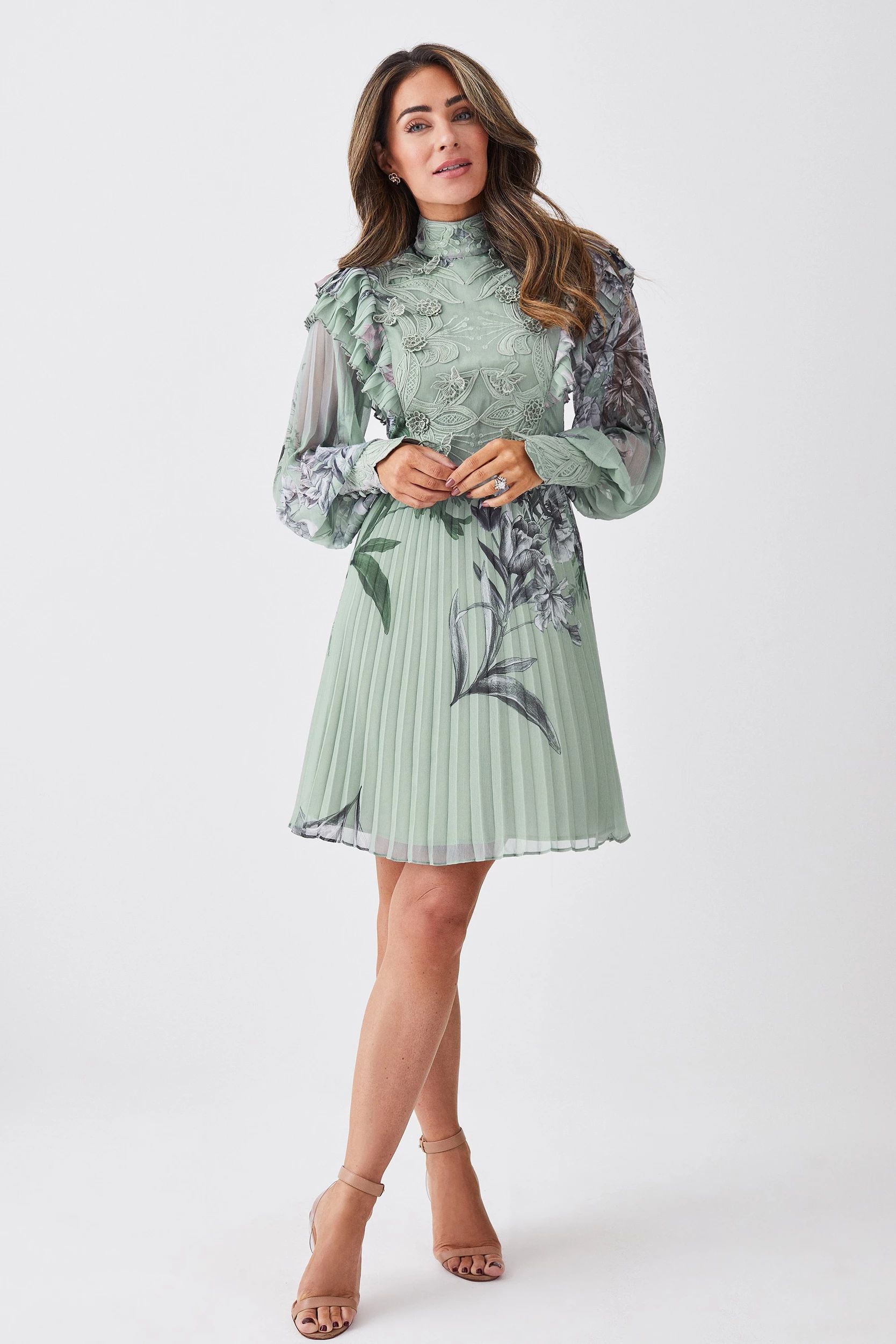Lydia Millen Floral Applique Lace Pleated Mini Dress | Karen Millen US