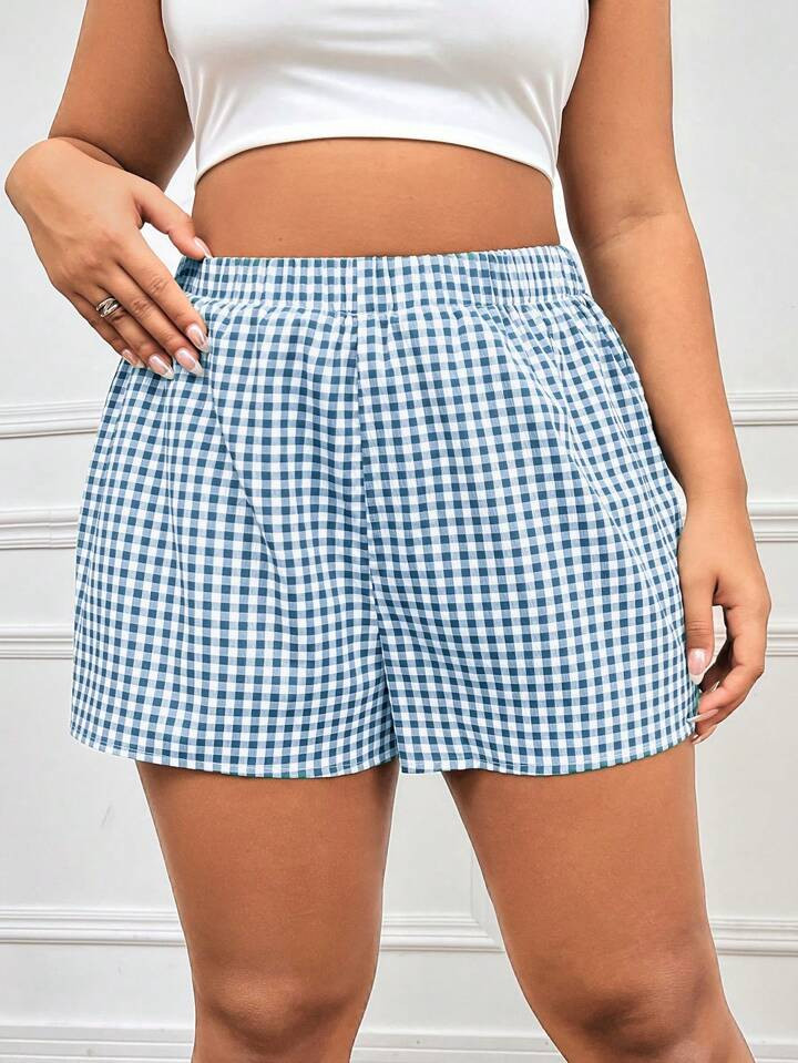 SHEIN EZwear Plus Size Summer Casual Plaid Printed Elastic Waist Checkered Shorts | SHEIN
