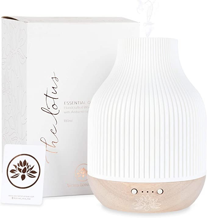 Essential Oil Diffuser Lamp, White Ceramic + Wood, Ultrasonic 180ml, Whispersoft, 4 Timers + 5 Li... | Amazon (US)