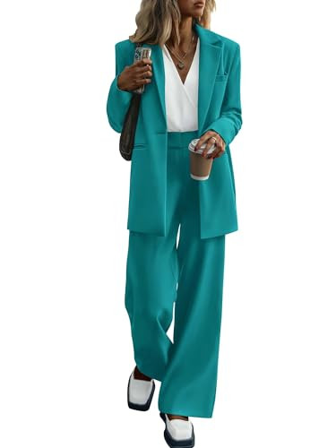 KIRUNDO Women Suits 2 Piece Set Business Casual Dressy Oversized Blazer Jacket and Wide Leg Dress Pantsuits Formal Outfits(Blue Green, X-Large) | Amazon (US)