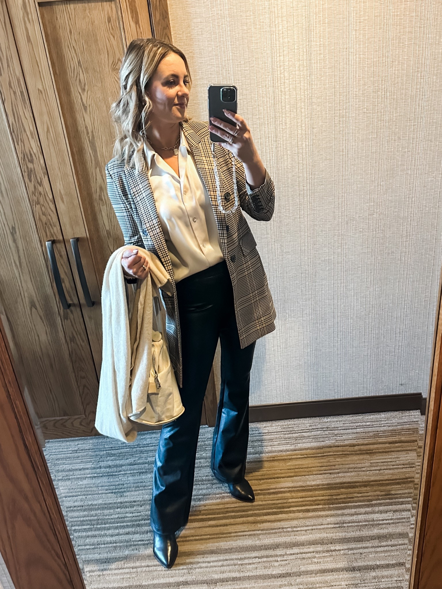 Nashville :: Work conference look - leather, satin, and plaid with some pointed toe block heel booties (perfect for dancing on Broadway later 😉). 
// work outfit, spanx pants, faux leather pants, plaid blazer, corporate attire, business look

#LTKWorkwear #LTKStyleTip