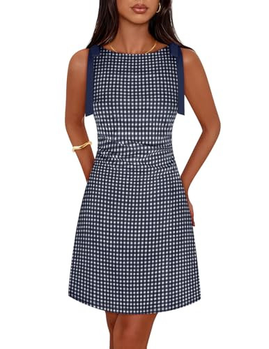 MEROKEETY Women's 2026 Summer Gingham Mini Dress Ruched Sleeveless Boat Neck Cocktail Party Beach Dresses, Navy, S | Amazon (US)
