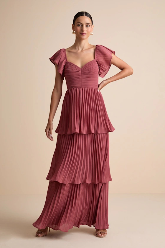Notorious Charm Rusty Rose Pleated Flutter Sleeve Maxi Dress | Lulus