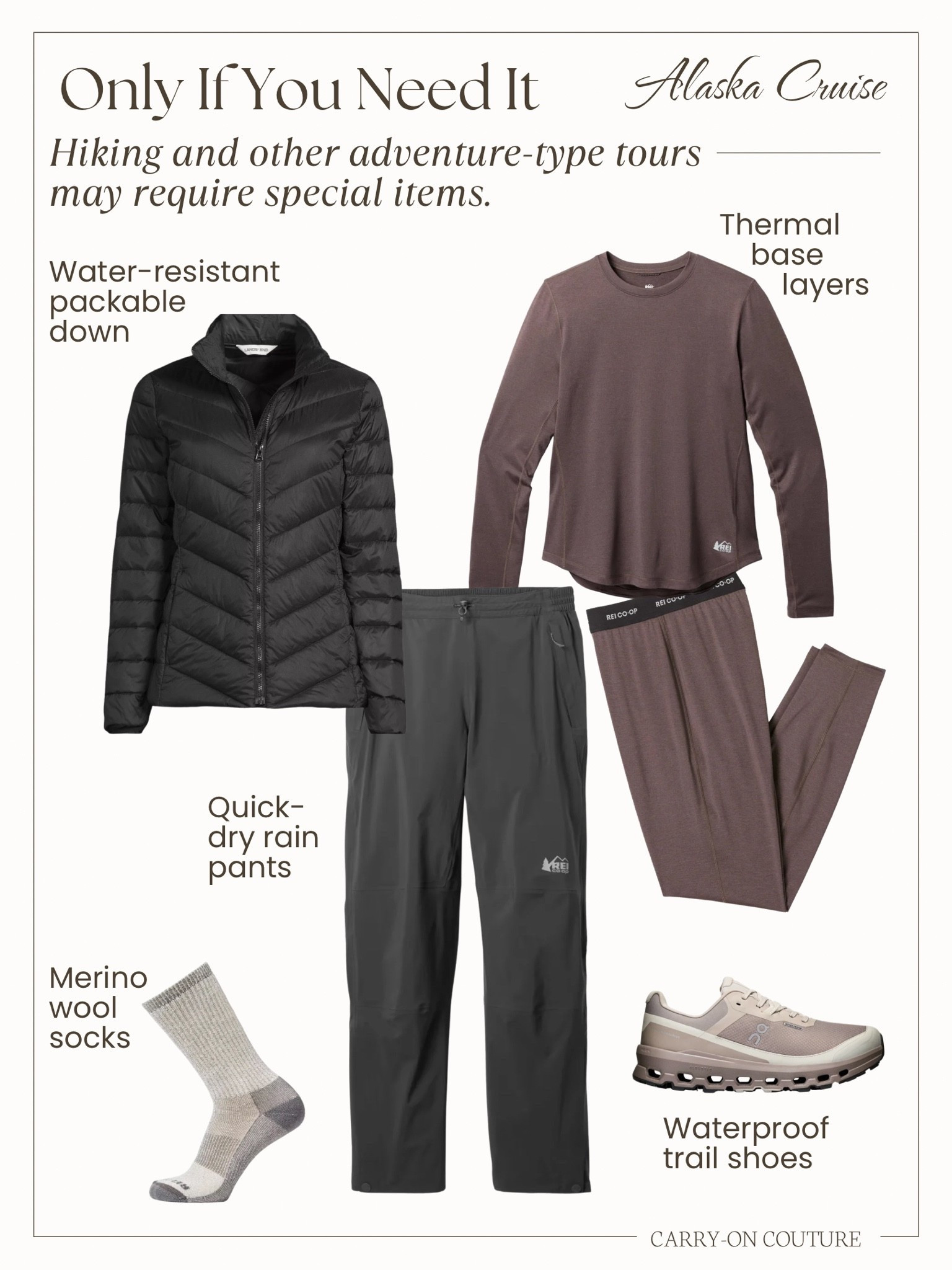 Need more adventure gear for your Alaskan cruise? Add waterproof pants, packable down, merino tights, thermal base layers, and waterproof trail shoes for active excursions — helicopter glacier landings, kayaking, and rainforest hikes each have their own requirements.

#LTKOver40 #LTKTravel