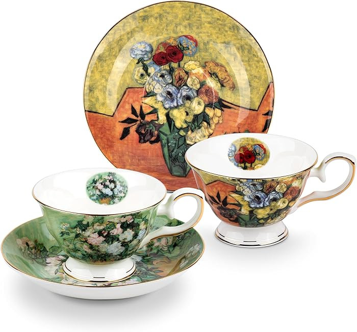 AOTELIDA Floral Tea Cups Saucers Set of 2, Vangogh Paintings Bone China 7 oz British Teacups Porc... | Amazon (US)
