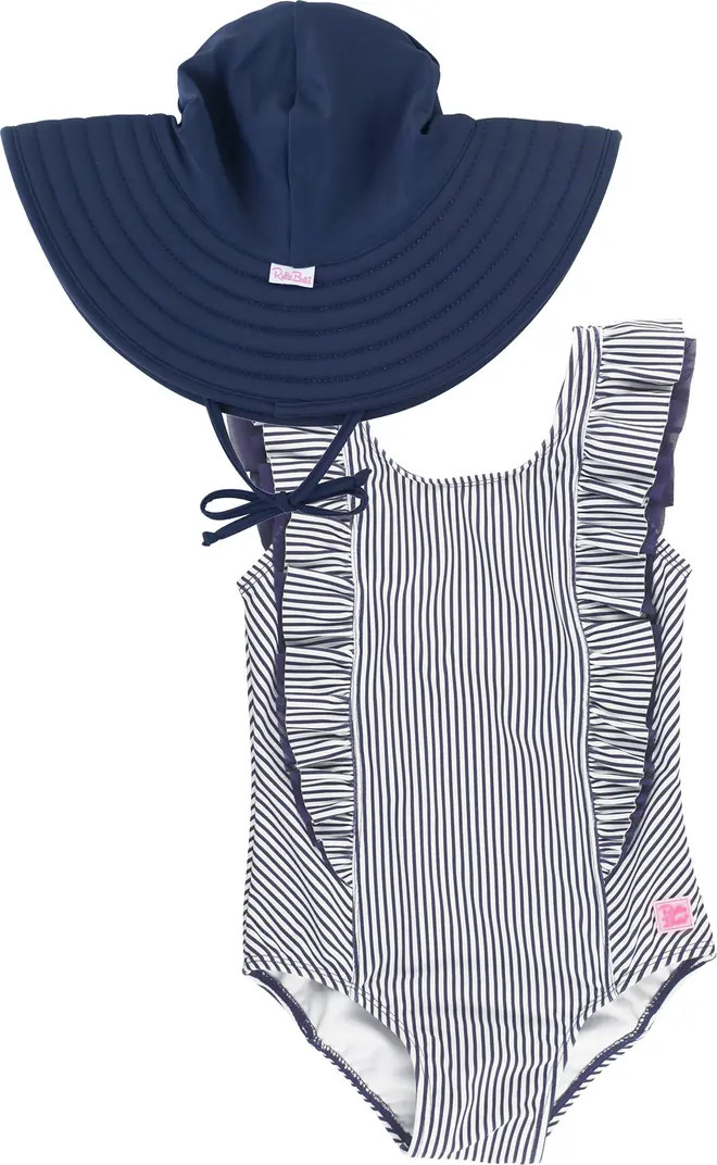 RuffleButts Waterfall Stripe Ruffle One-Piece Swimsuit & Hat Set | Nordstrom | Nordstrom