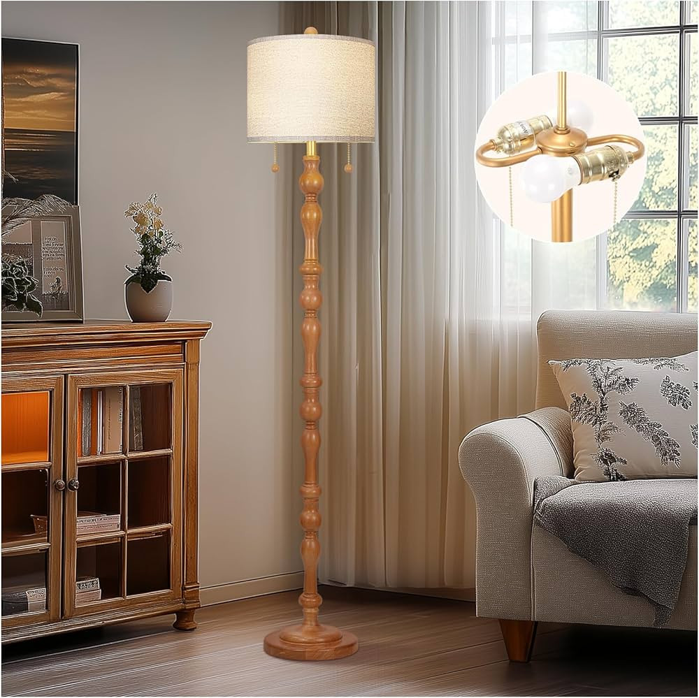 65.5" Natural Real Wood Floor Lamp with S Cluster Pull Chains Dual Switch,Wood Base Tall Lamp,Far... | Amazon (US)