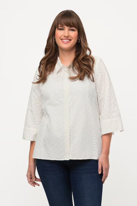 Eyelet Embroidered Cotton 3/4 Sleeve Blouse | all Blouses | Blouses | Ulla Popken