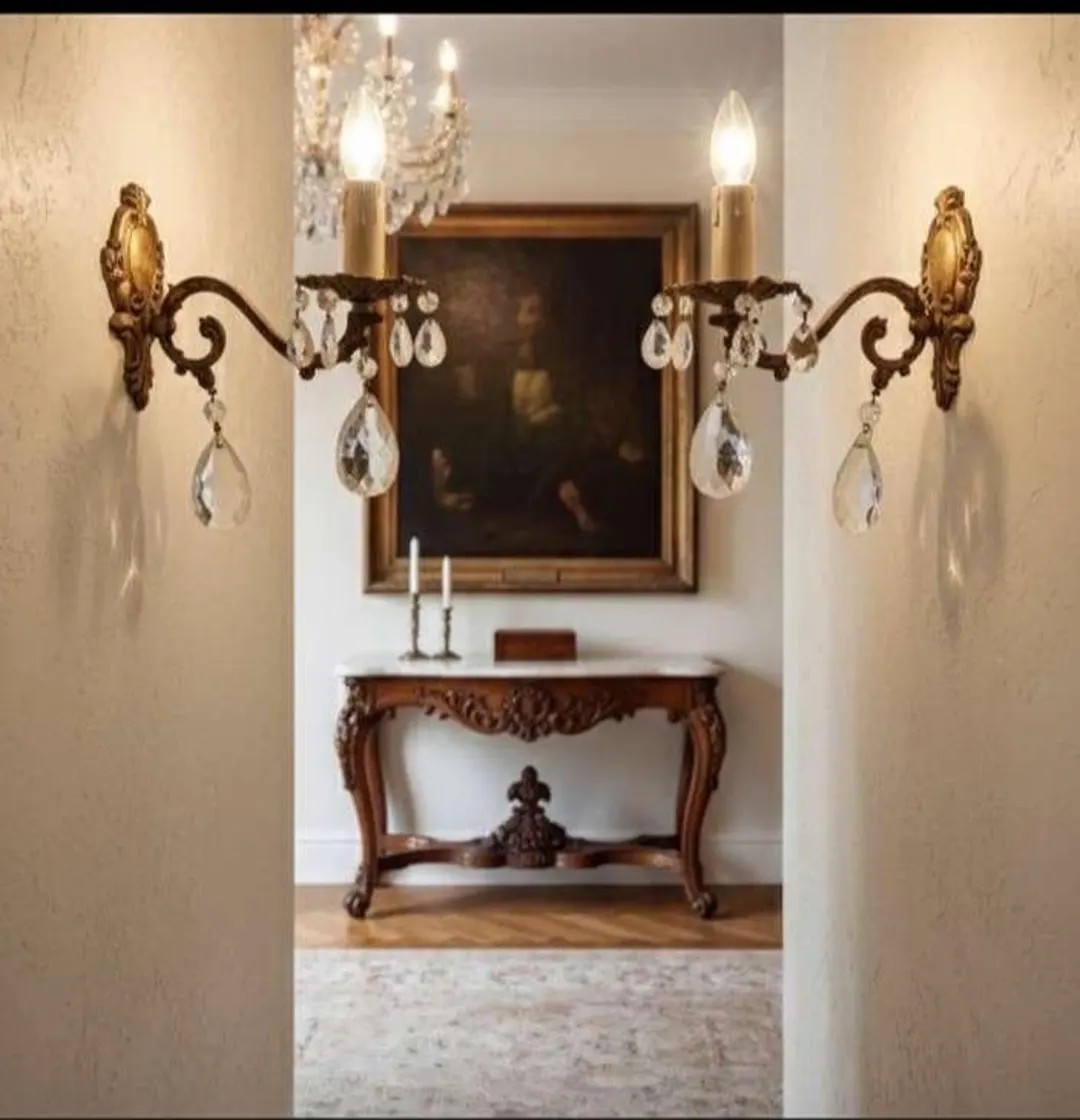 Pair Vintage Brass Wall Sconces Glass Drops French Candle Sconces Faceted Glass Prisms Baroque St... | Etsy (US)