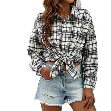 Black and White Preppy Plaid Shirt Collar Women s Blouses | Walmart (US)