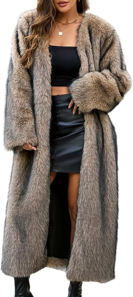 Long Faux Fur Coats For Women Shaggy Lapel Open Front Cardigan Fuzzy Fleece Jacket Long Sleeve Wa... | Amazon (US)