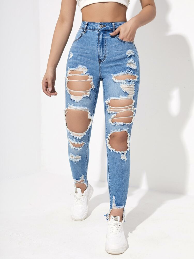 High Waisted Ripped Raw Hem Cutout Skinny Jeans | SHEIN